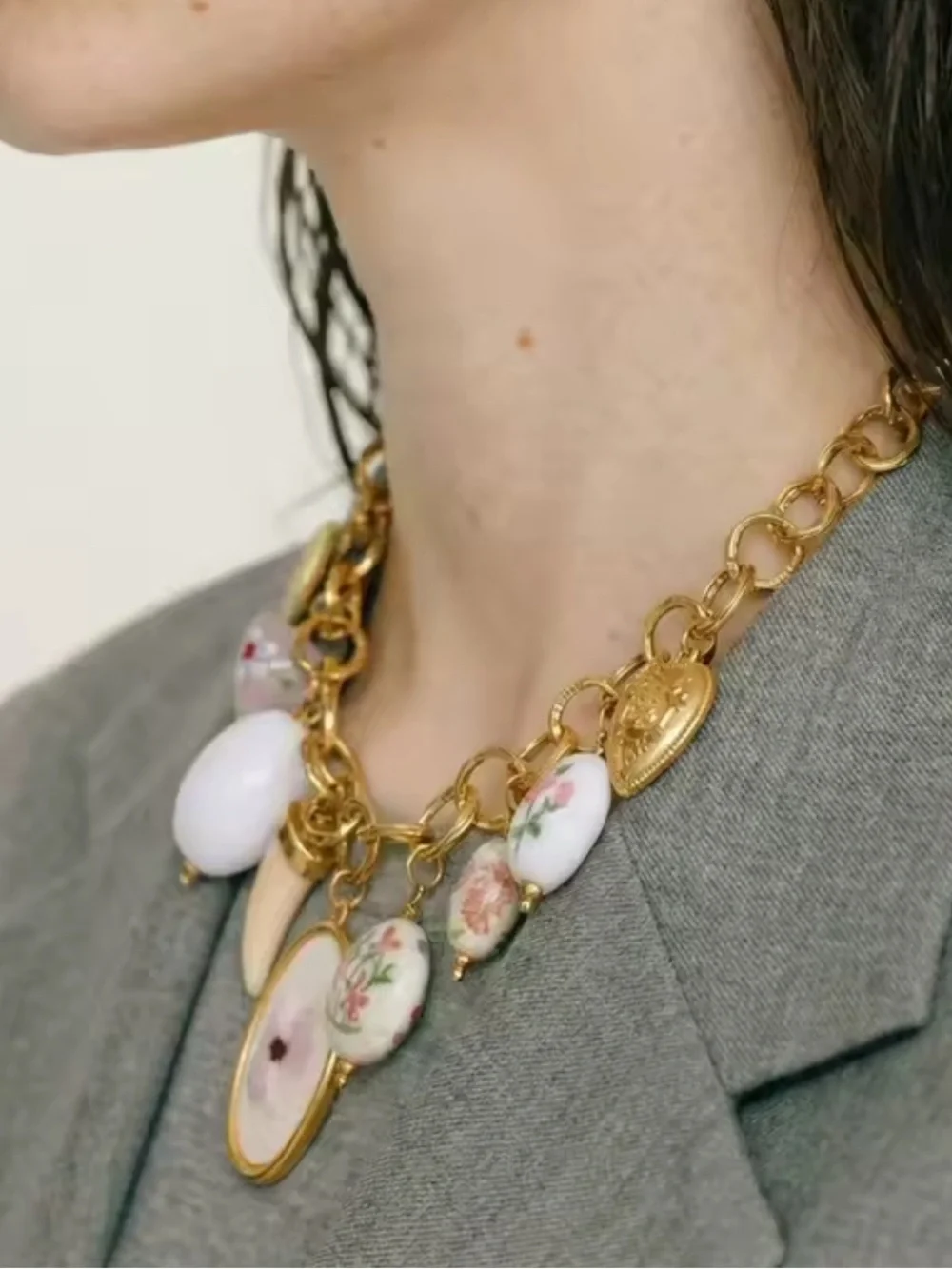 Vintage Floral Porcelain Charm Necklace